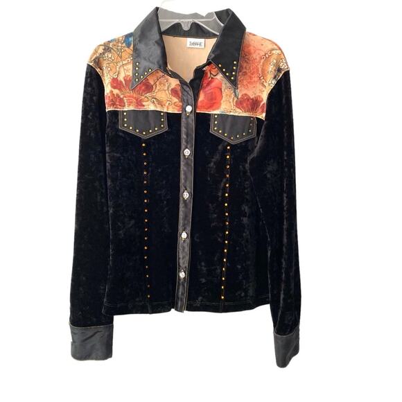 Love Amour Vintage Stretch Velvet Embellished Graphic Button Down Shirt medium - Picture 1 of 8